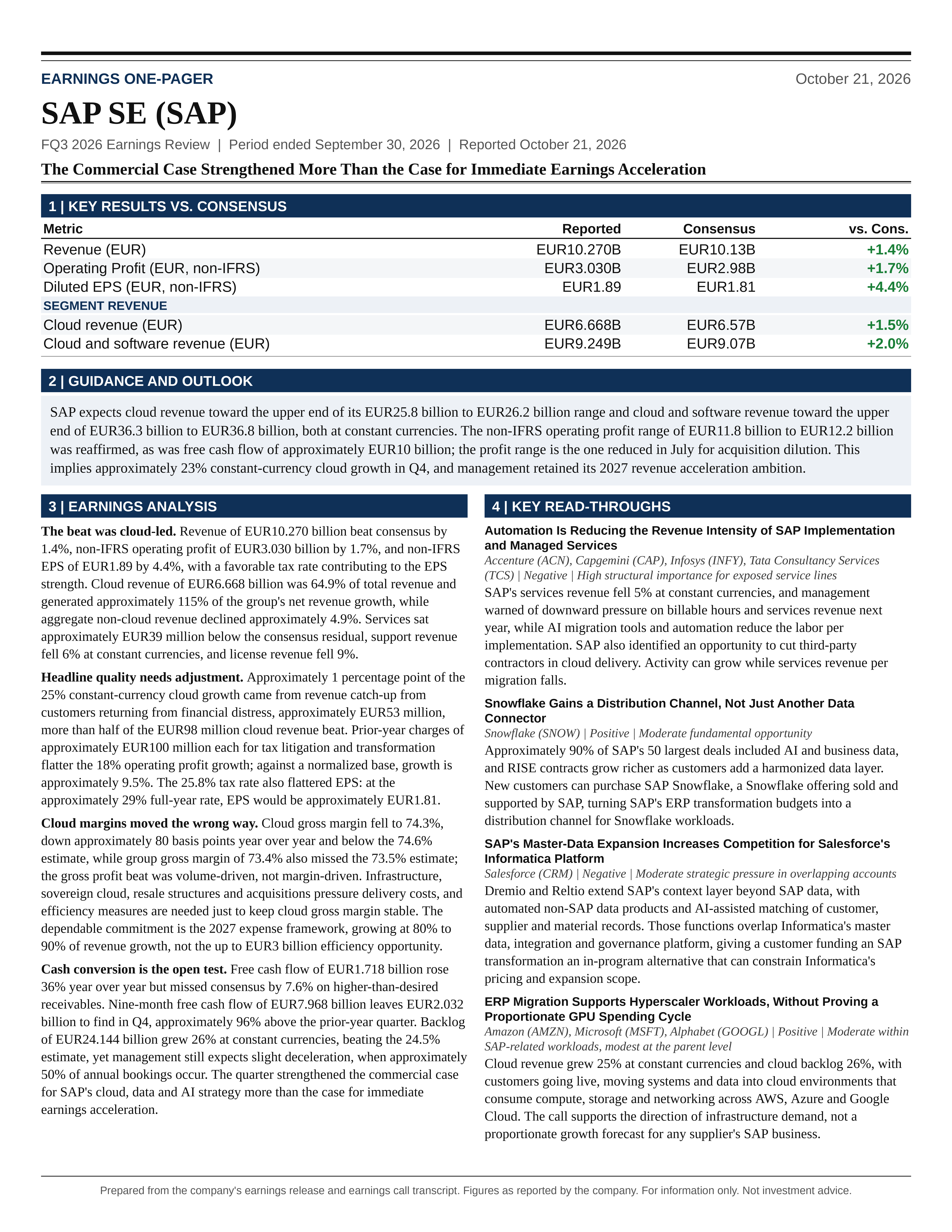SAP SE FQ3 2026 one-page earnings exhibit: The Commercial Case Strengthened More Than the Case for Immediate Earnings Acceleration