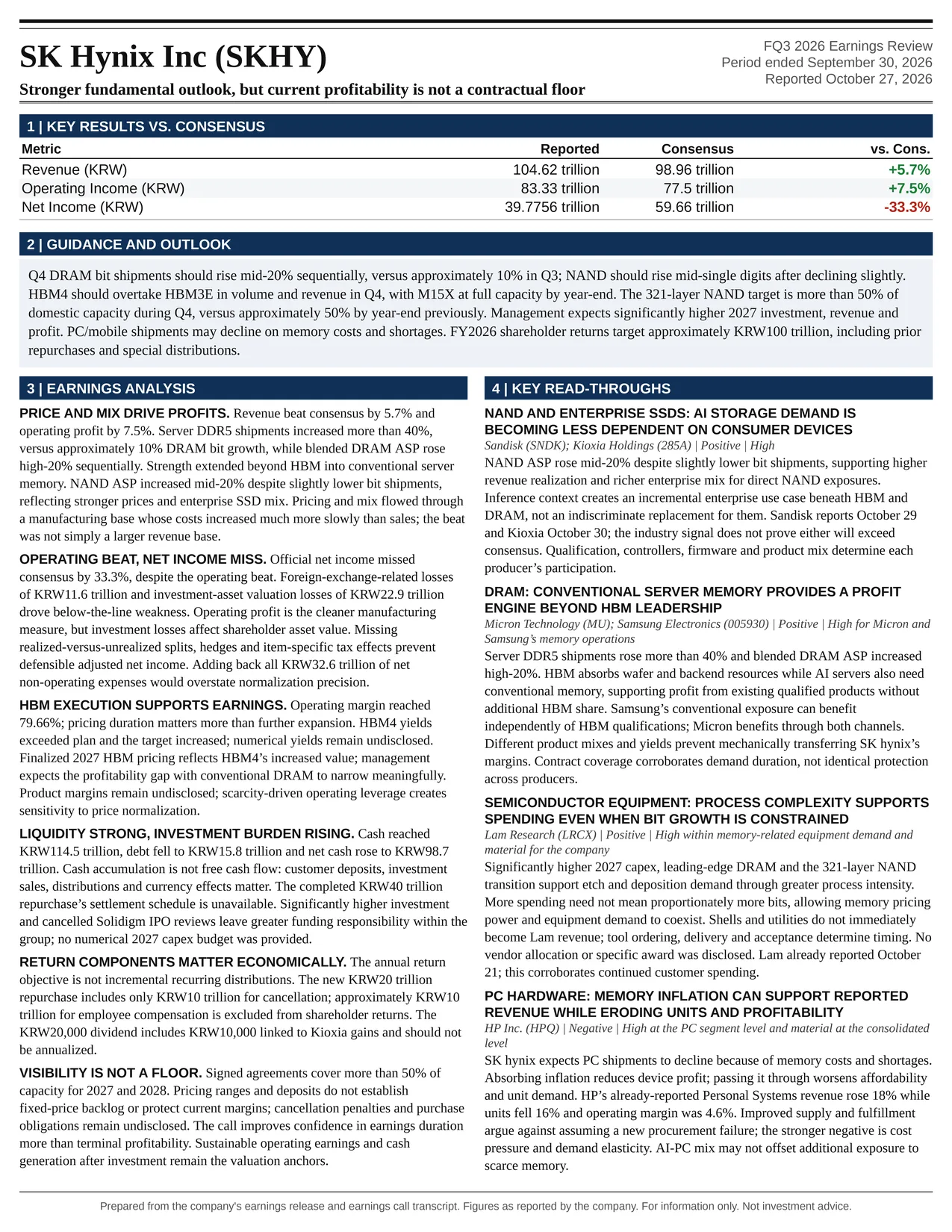 SK Hynix Inc FQ3 2026 one-page earnings exhibit: Stronger fundamental outlook, but current profitability is not a contractual floor
