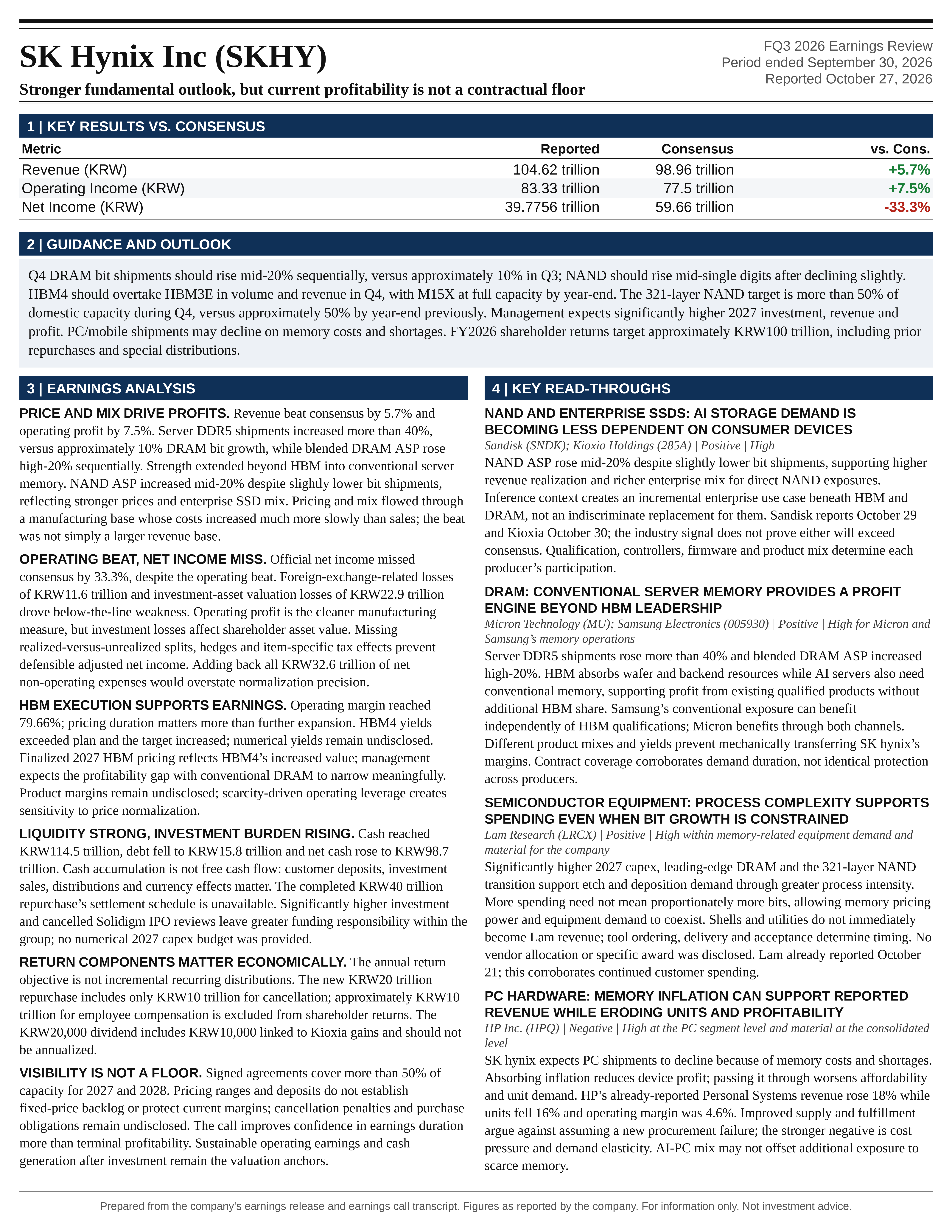 SK Hynix Inc FQ3 2026 one-page earnings exhibit: Stronger fundamental outlook, but current profitability is not a contractual floor