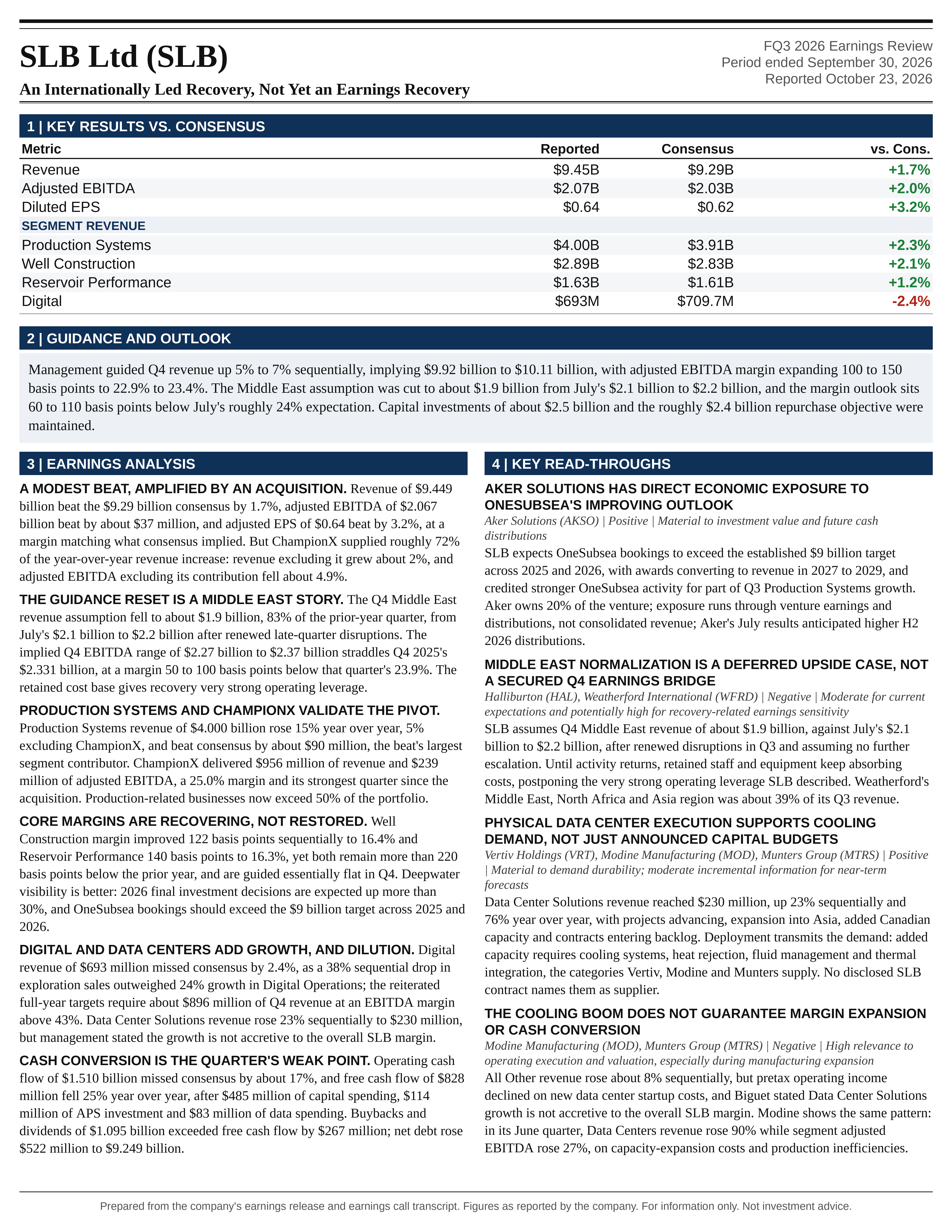 SLB FQ3 2026 one-page earnings exhibit: An Internationally Led Recovery, Not Yet an Earnings Recovery