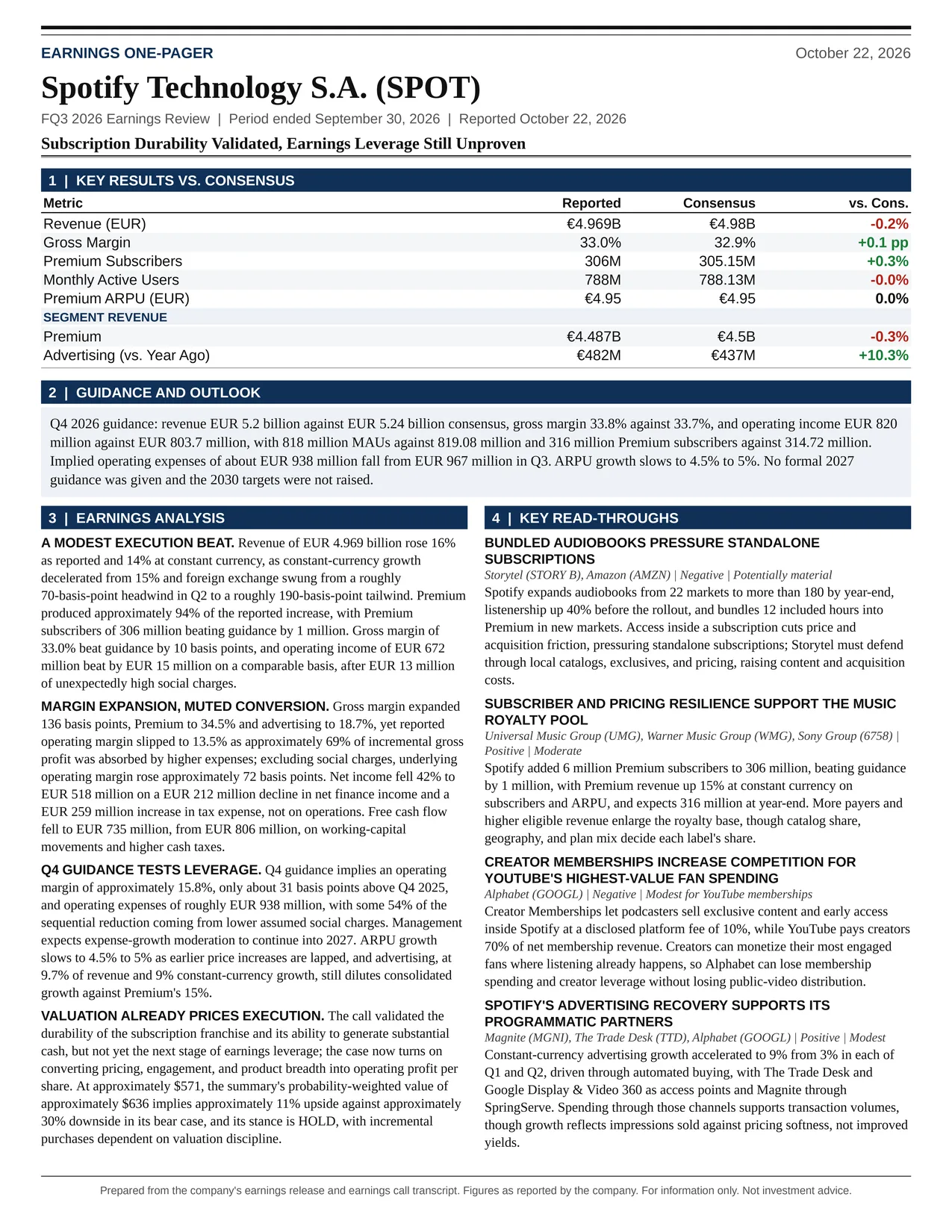 Spotify Technology S.A. FQ3 2026 one-page earnings exhibit: Subscription Durability Validated, Earnings Leverage Still Unproven
