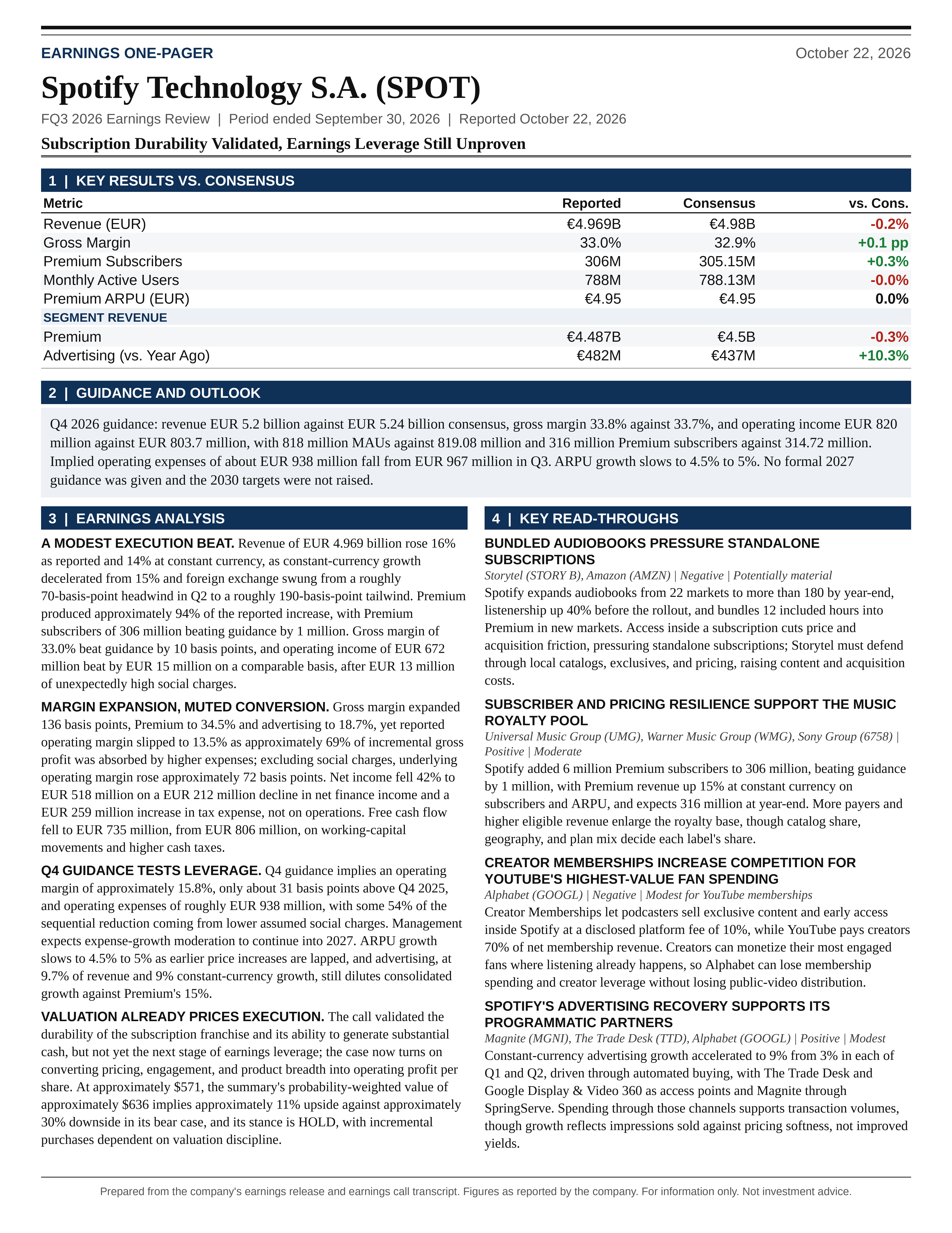 Spotify Technology S.A. FQ3 2026 one-page earnings exhibit: Subscription Durability Validated, Earnings Leverage Still Unproven