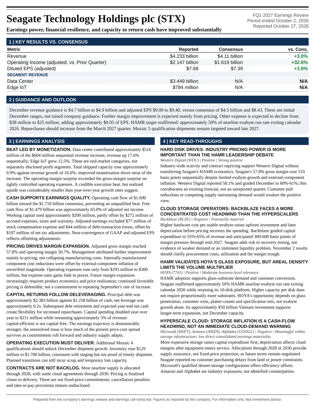 Seagate Technology Holdings plc FQ1 2027 one-page earnings exhibit: Earnings power, financial resilience, and capacity to return cash have improved substantially