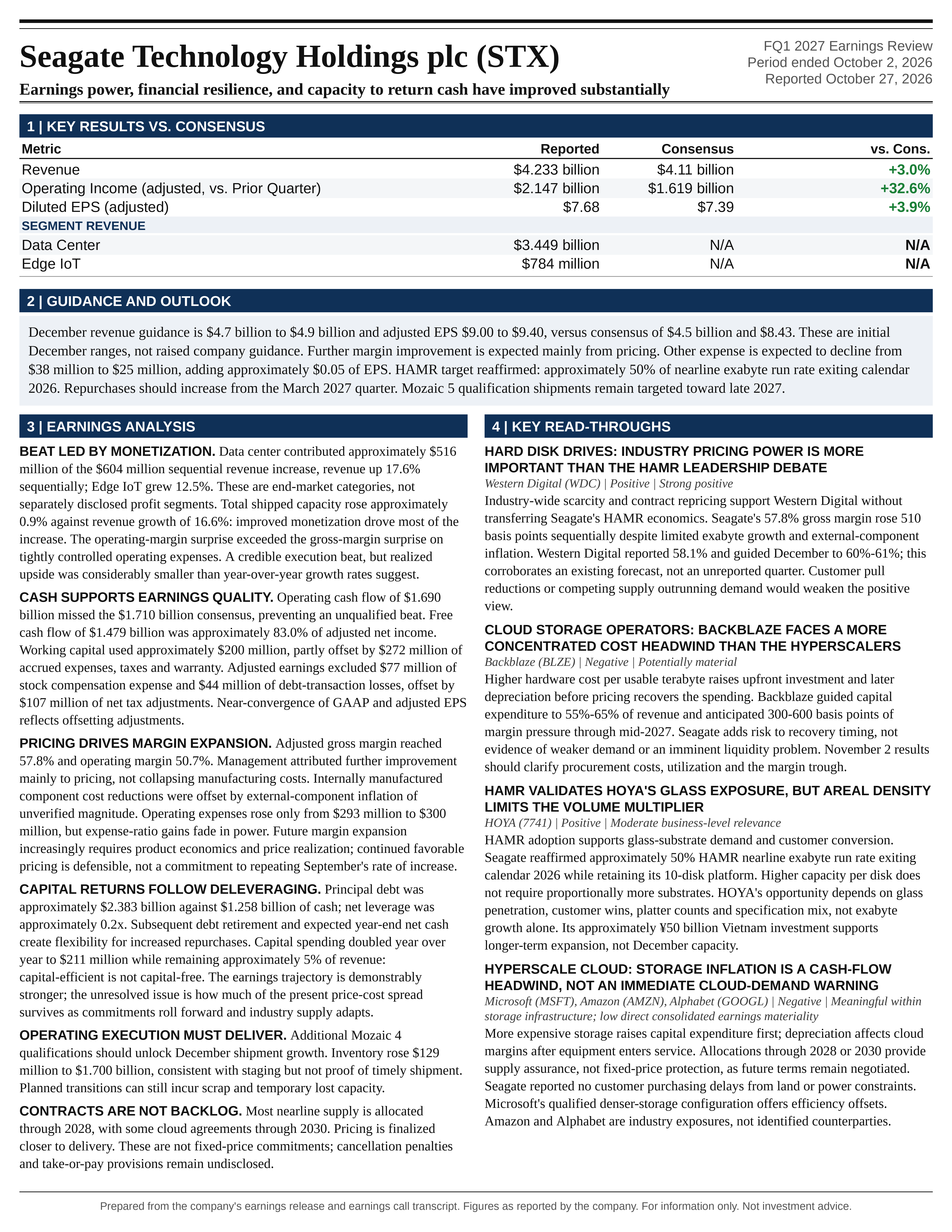 Seagate Technology Holdings plc FQ1 2027 one-page earnings exhibit: Earnings power, financial resilience, and capacity to return cash have improved substantially