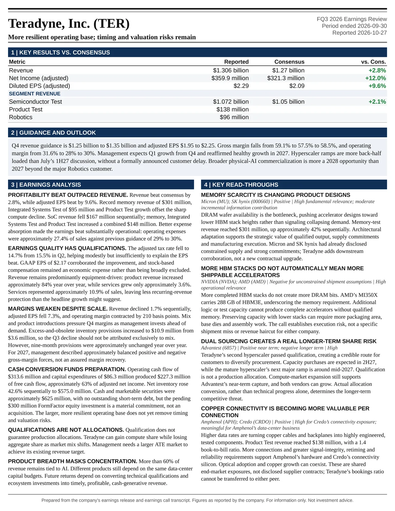 Teradyne, Inc. FQ3 2026 one-page earnings exhibit: More resilient operating base; timing and valuation risks remain