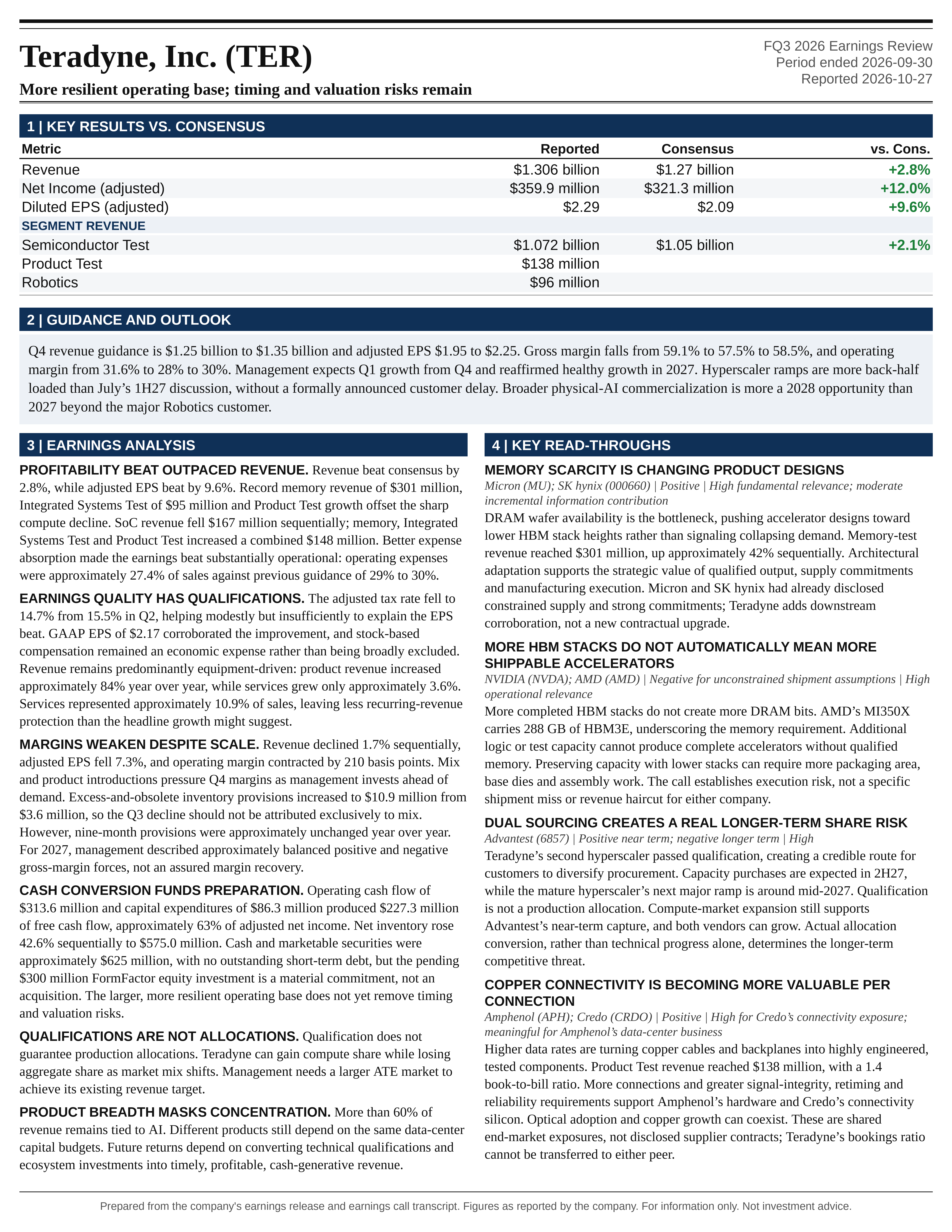 Teradyne, Inc. FQ3 2026 one-page earnings exhibit: More resilient operating base; timing and valuation risks remain