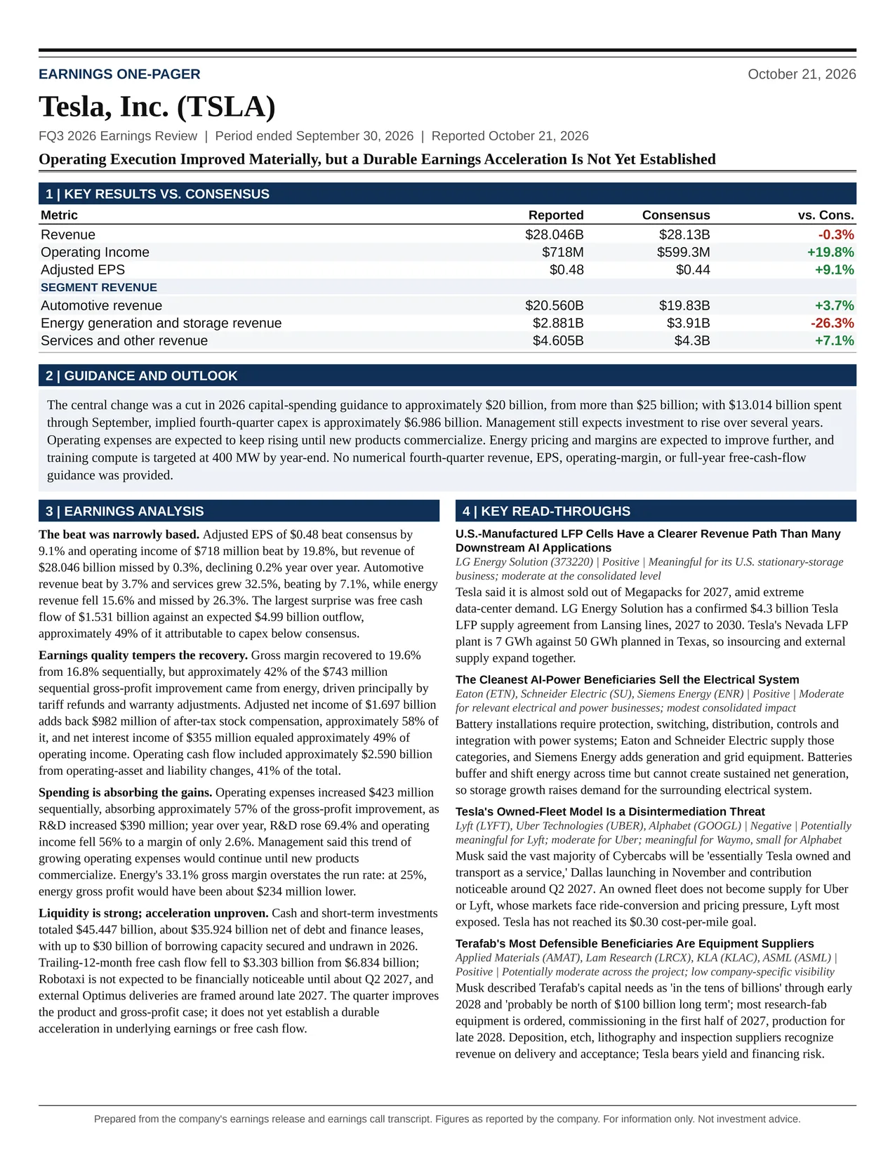 Tesla, Inc. FQ3 2026 one-page earnings exhibit: Operating Execution Improved Materially, but a Durable Earnings Acceleration Is Not Yet Established