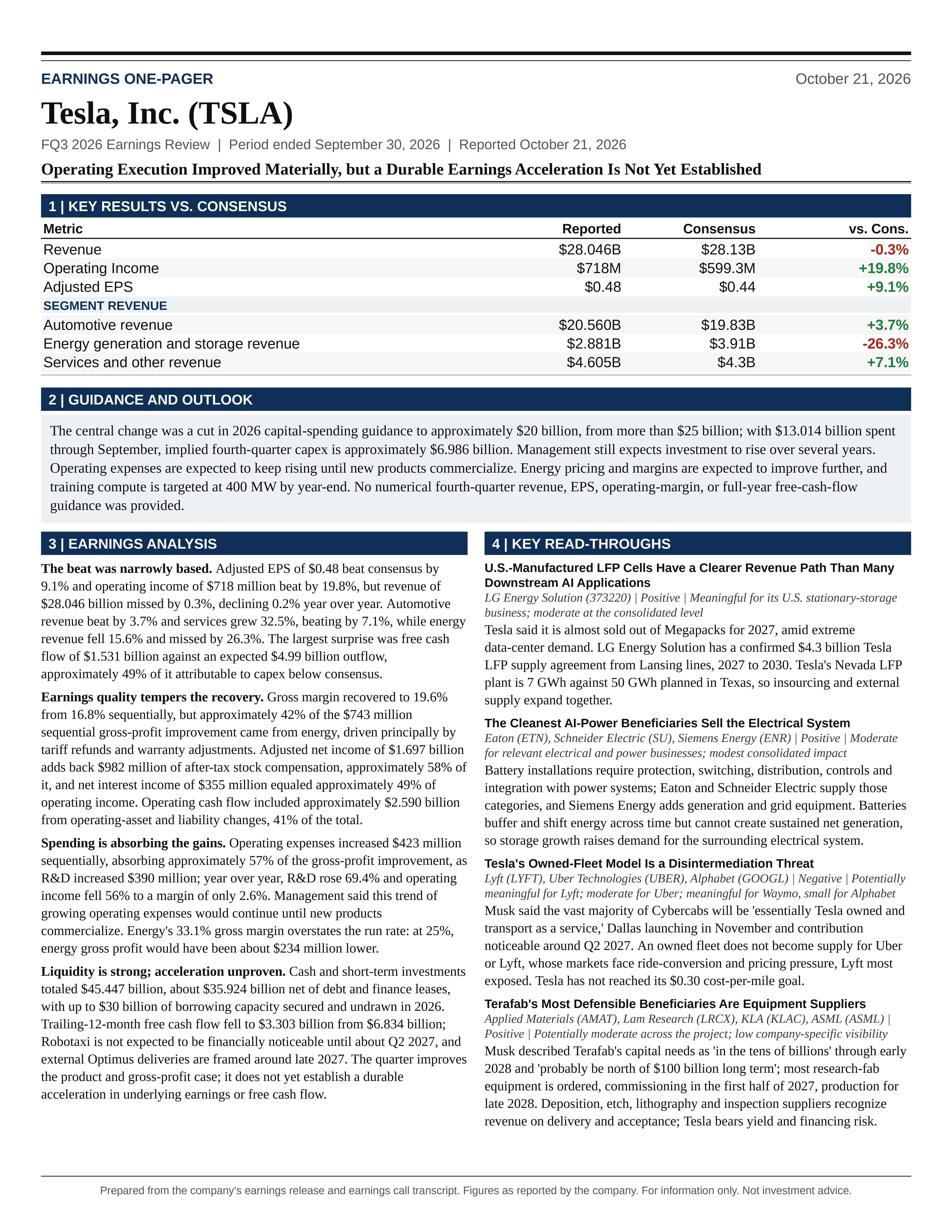 Tesla, Inc. FQ3 2026 one-page earnings exhibit: Operating Execution Improved Materially, but a Durable Earnings Acceleration Is Not Yet Established
