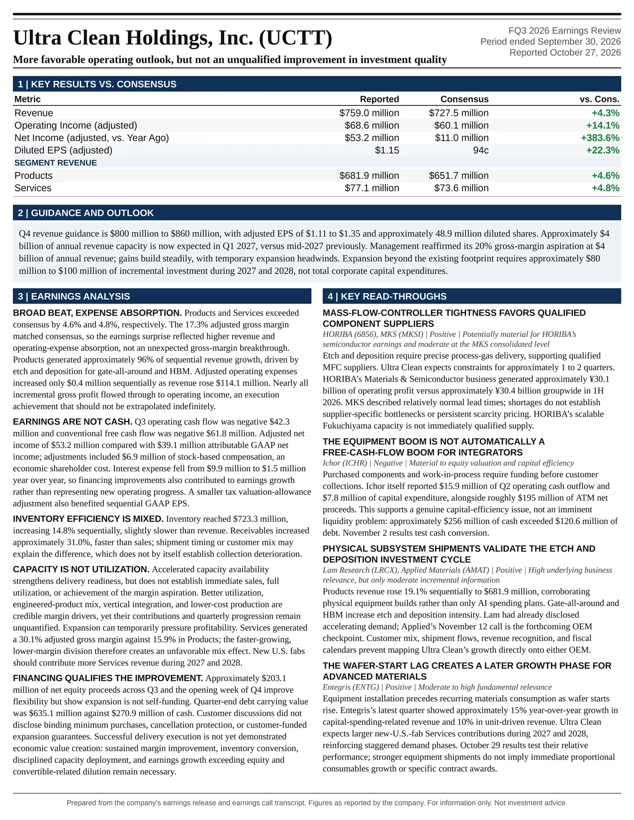 Ultra Clean Holdings, Inc. FQ3 2026 one-page earnings exhibit: More favorable operating outlook, but not an unqualified improvement in investment quality