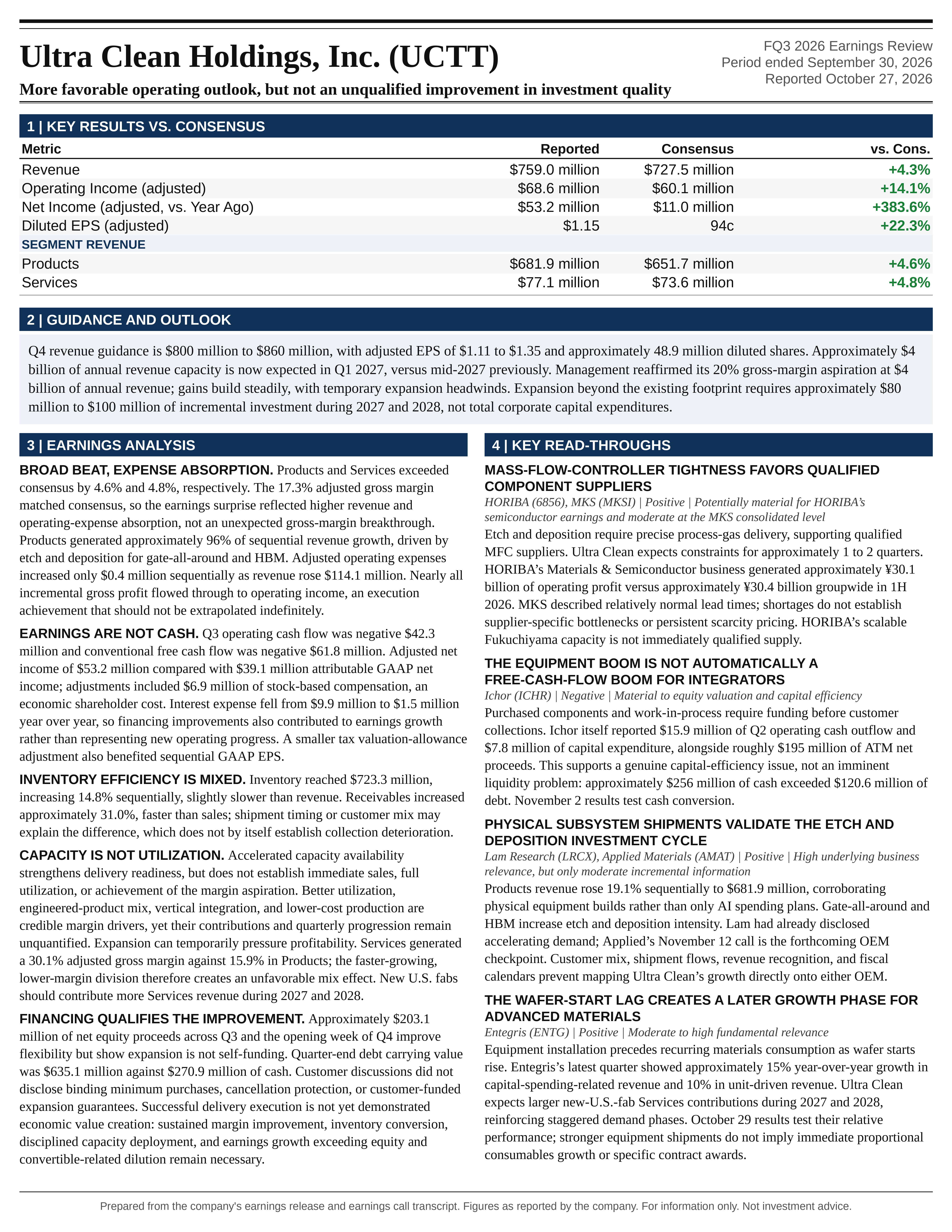 Ultra Clean Holdings, Inc. FQ3 2026 one-page earnings exhibit: More favorable operating outlook, but not an unqualified improvement in investment quality