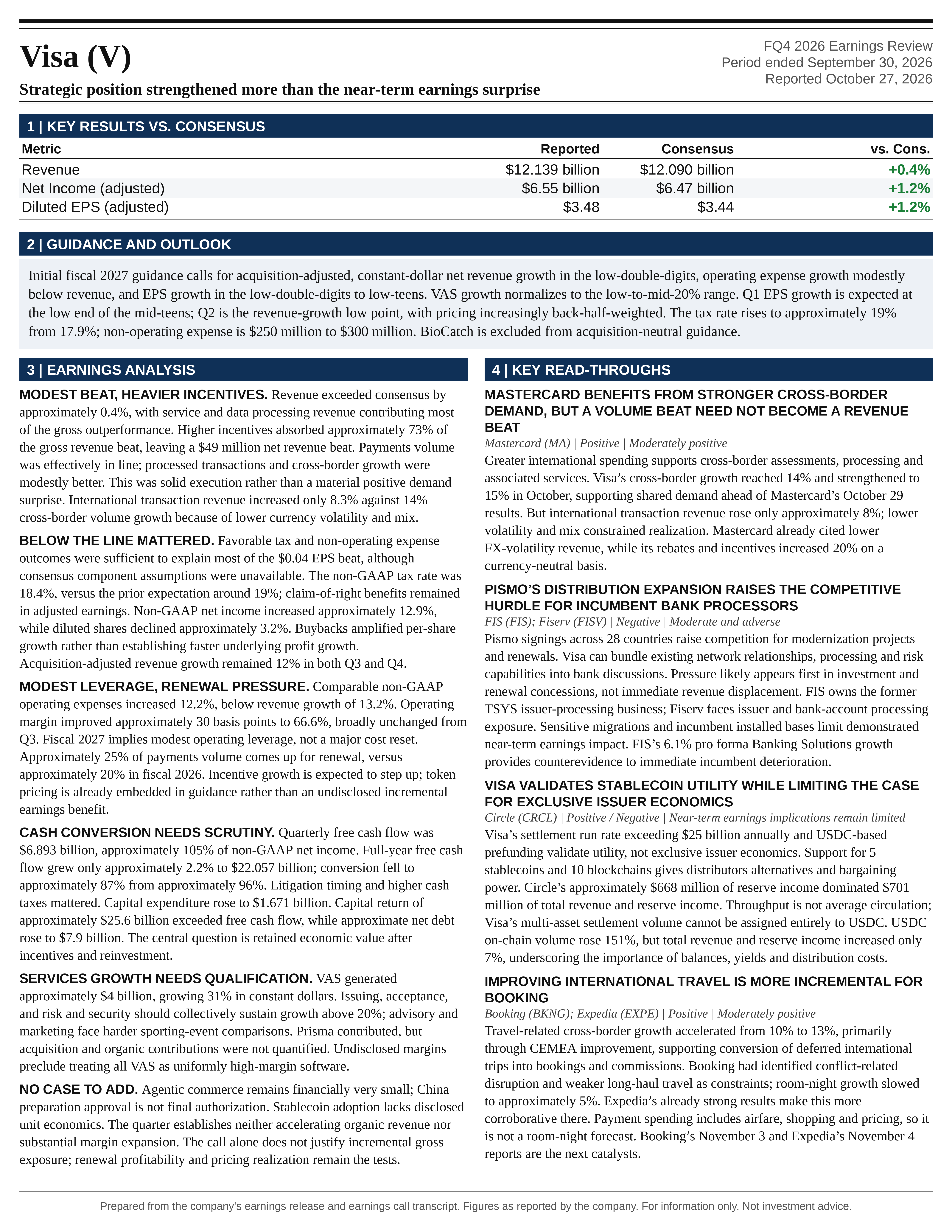 Visa FQ4 2026 one-page earnings exhibit: Strategic position strengthened more than the near-term earnings surprise