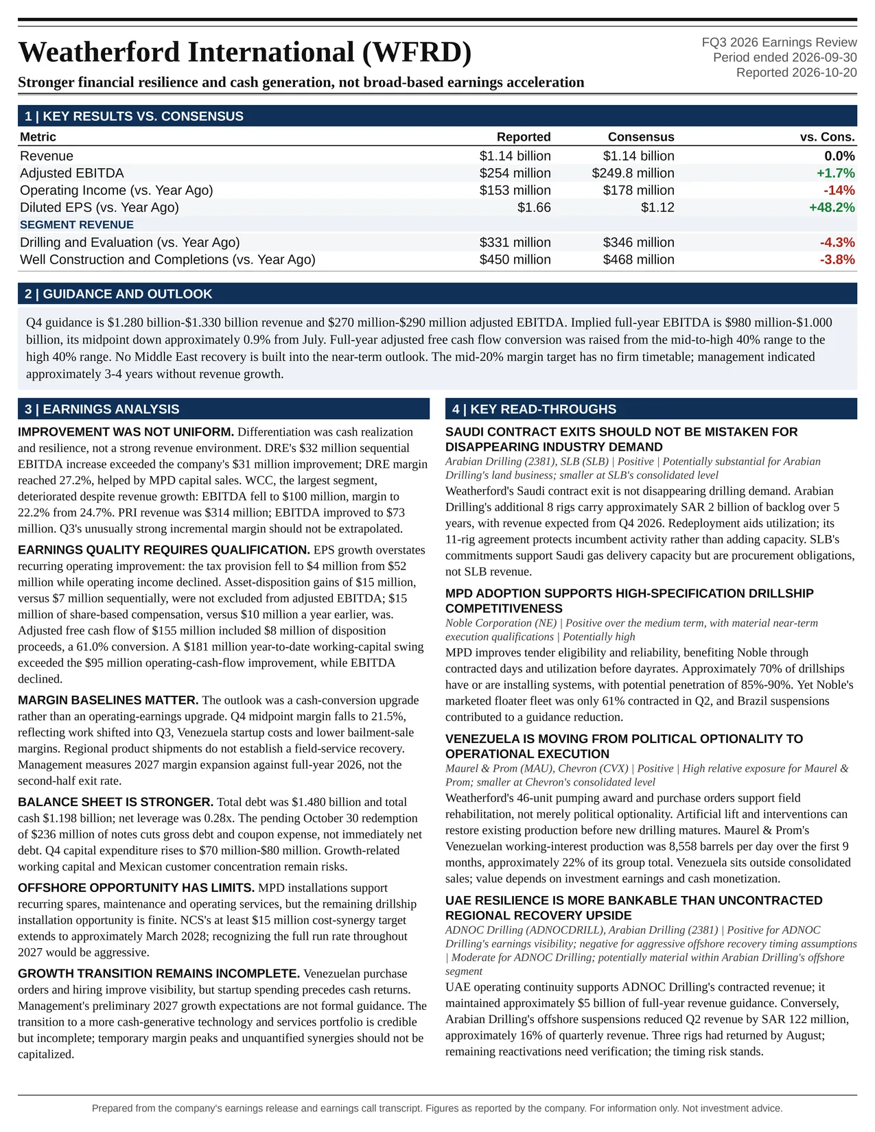 Weatherford International FQ3 2026 one-page earnings exhibit: Stronger financial resilience and cash generation, not broad-based earnings acceleration
