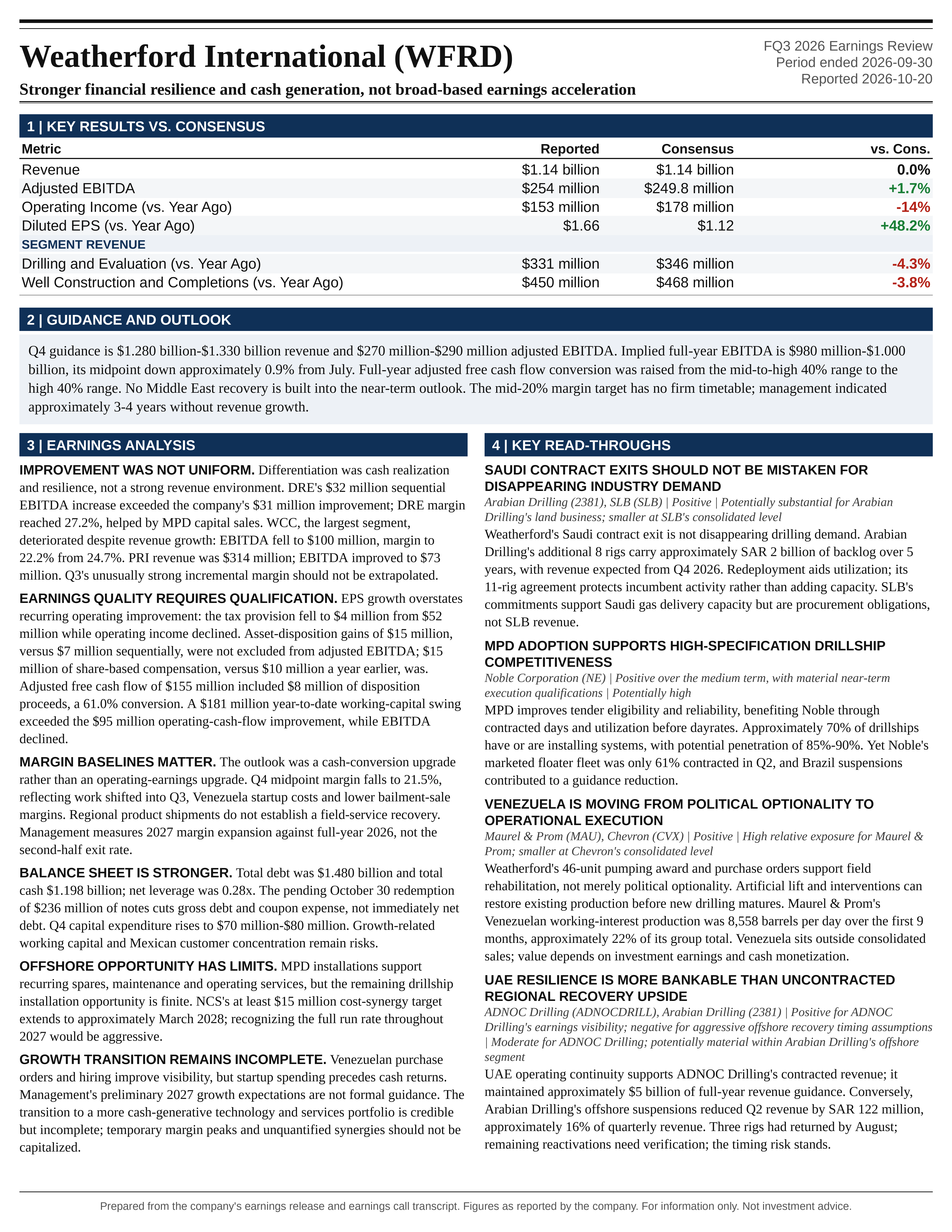 Weatherford International FQ3 2026 one-page earnings exhibit: Stronger financial resilience and cash generation, not broad-based earnings acceleration