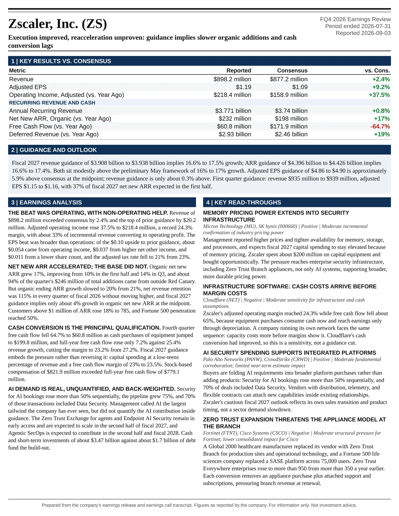 Zscaler Inc FQ4 2026 one-page earnings exhibit: Execution improved, reacceleration unproven: guidance implies slower organic additions and cash conversion lags