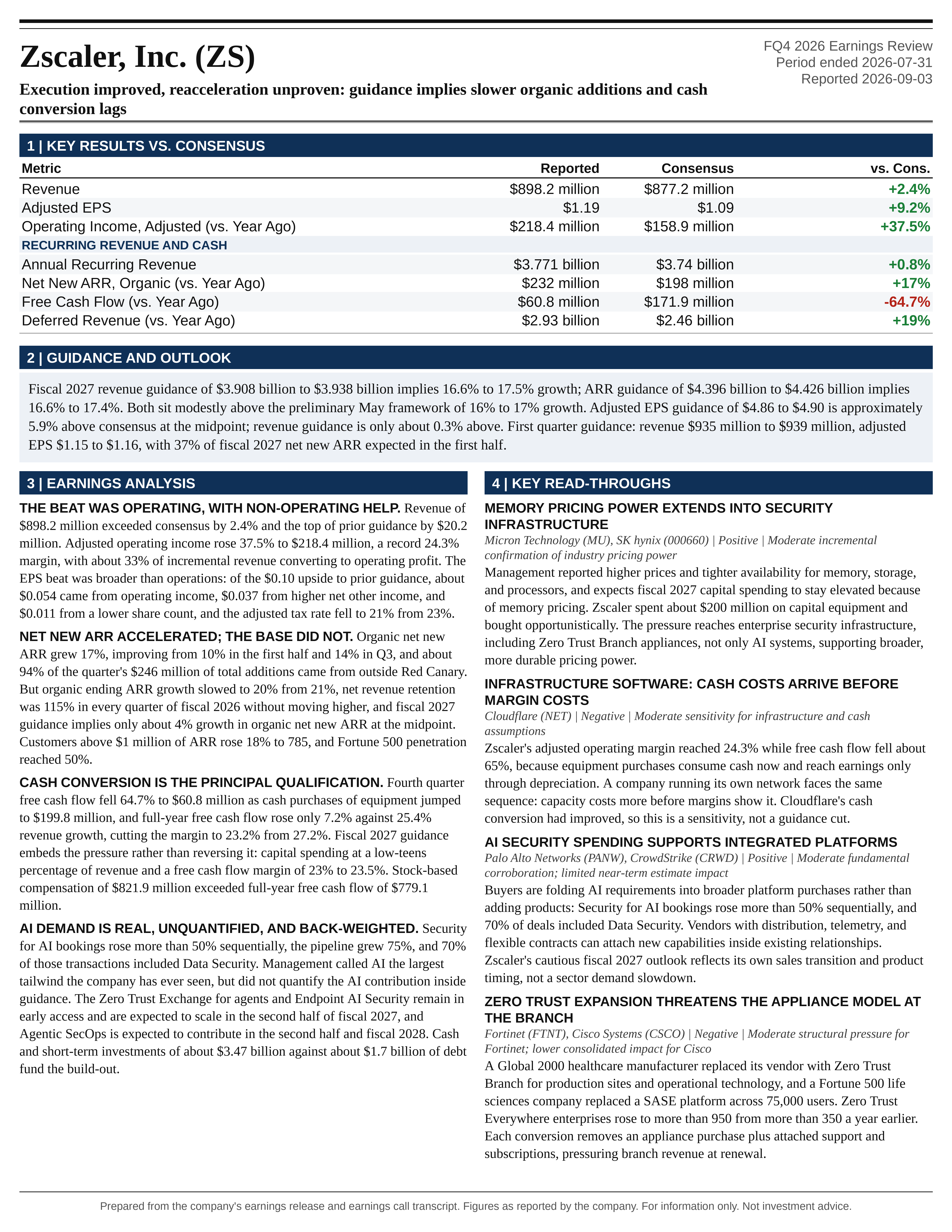 Zscaler Inc FQ4 2026 one-page earnings exhibit: Execution improved, reacceleration unproven: guidance implies slower organic additions and cash conversion lags